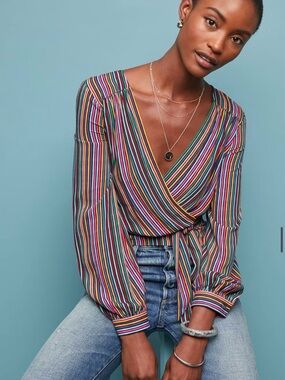 Mauve By Anthropologie Multicolor Striped Wrap Top - Long Sleeve